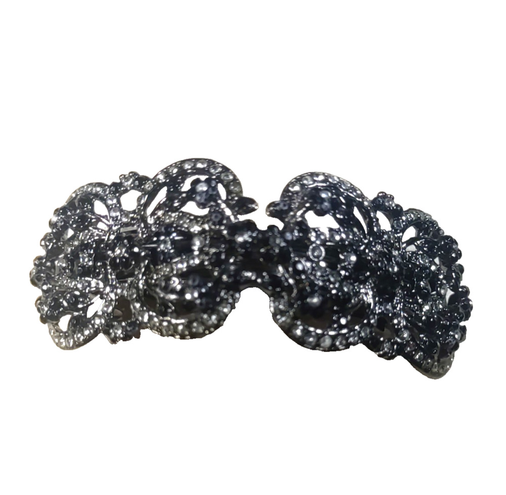 Hair Barrette Tension Clip Black Metal Black Rhinestone Goth Dance